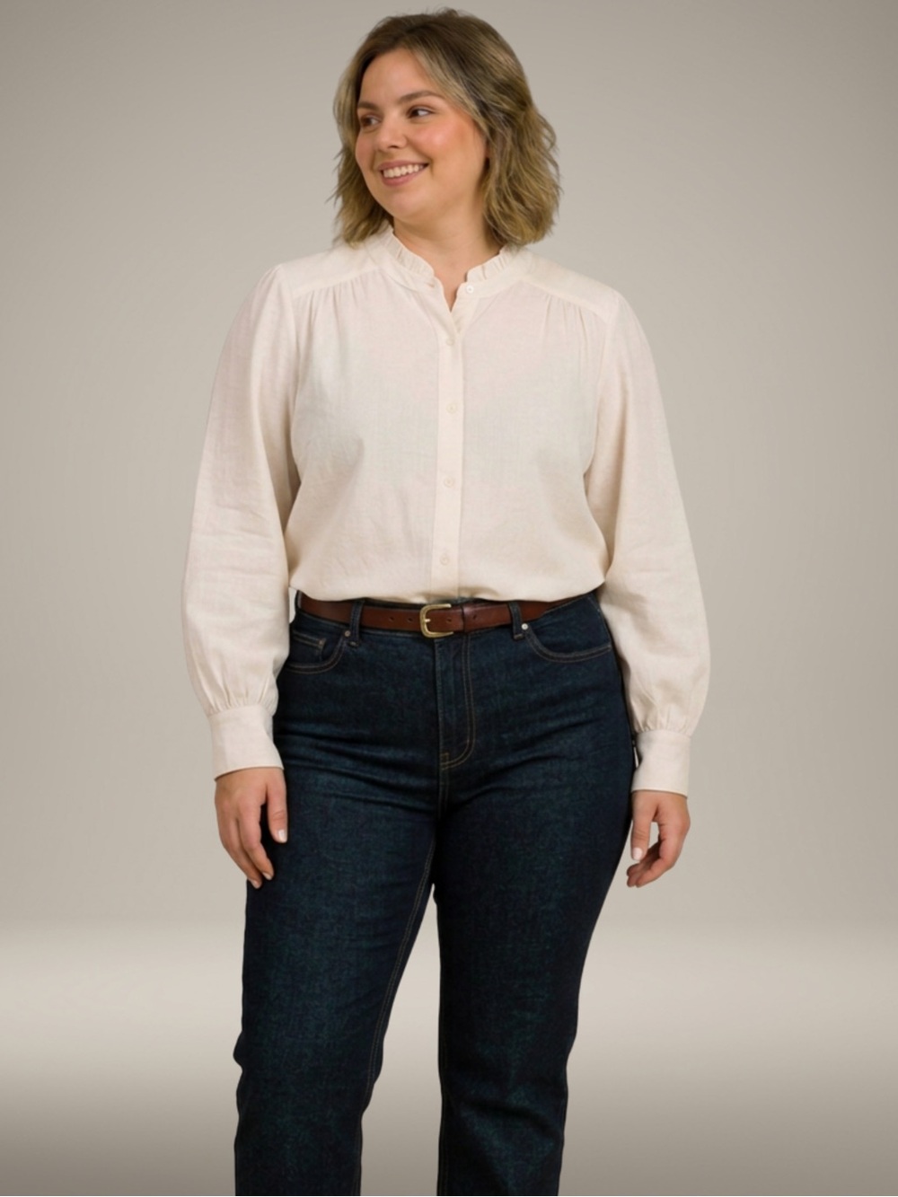 Anne Klein Ivory Ruffled Neck Button-Front Blouse - Picture 2 of 10